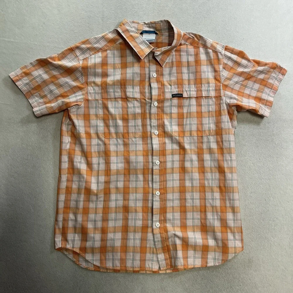 Columbia Shirt Men's Medium Orange Plaid Button Up Short Sleeve Outdoor Hiking